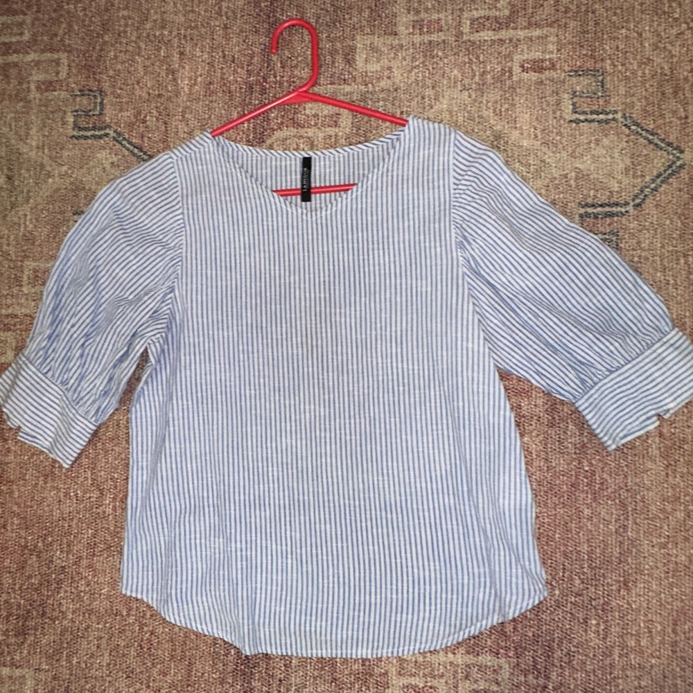 Laindor fitted cropped puff sleeve top white & blue pinstripe size small cotton